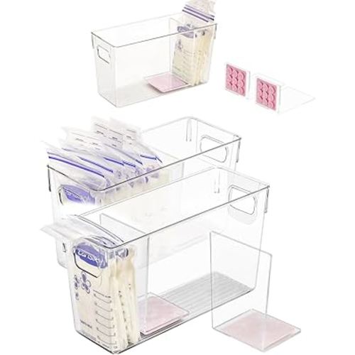 Breastmilk Storage Container with L Shaped Separator Boards, Dividers Will Flatten Standing Breast Milk Bags in Organizer Bins to Save Refrigerator Space | 2 Containers Plus 4 Pink Boards in Total.