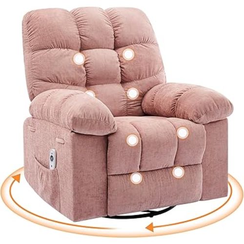 Rocking Recliner Chair with Vibration Massage & Heat, 360° Swivel Oversized Rocker Recliner with Side Pocket for Living Room, Bedroom & Nursery