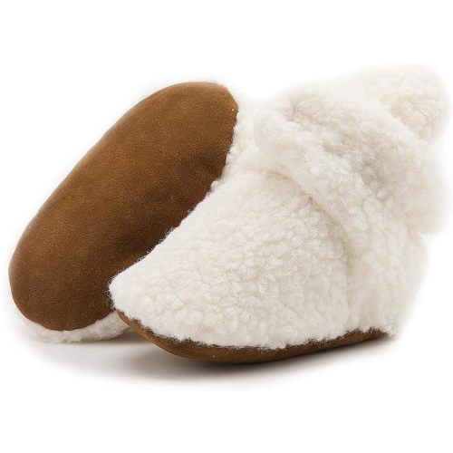 HsdsBebe Unisex Newborn Baby Cotton Booties Non-Slip Sole for Toddler Boys Girls Infant Winter Warm Fleece Cozy Socks Shoes - 0-6 Months Infant - D/Fleece White