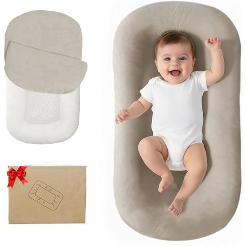 Lucakuins Baby Lounger, Bionic Design Baby Lounger for Newborn 0-24 Months, Soft Organic Cotton Breathable Lounger for Infants (Cream Gray Lounger)