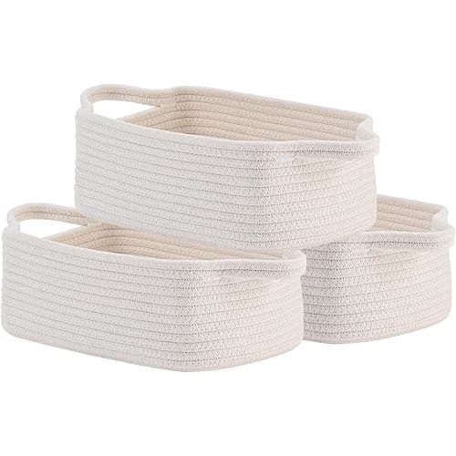 Small Woven Basket, 12 x 8 x 4.5 Inches, Small Storage Baskets for Organizing, Gift Baskets Empty, Cute Small Rope Shelf Closet Storage Bins Baskets for Shelves, Dog Toy Basket, 3 Packs, Off White