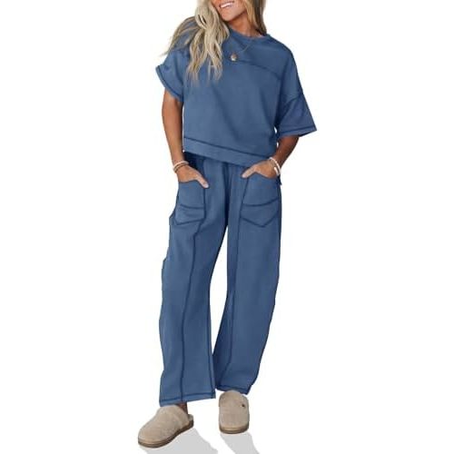 Fisoew Womens 2 Piece Outfits Lounge Sets Short Sleeve Tops and Wide Leg Pants Travel Vacation Casual Matching Sets