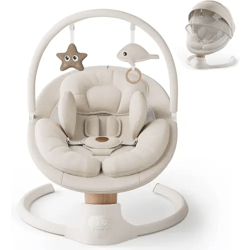 Baby Swings for Infants, FasonBaby Electric Baby Swing with 10 Preset Melodies, 5 Speeds, Remote Control and Bluetooth - Portable Infant Swing for Indoor and Outdoor(Beige)