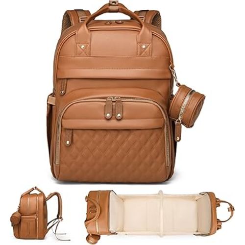 Leather Baby Diaper Bag with Changing Station,Extra large Capacity Baby Diaper Bag Backpack(Brown)