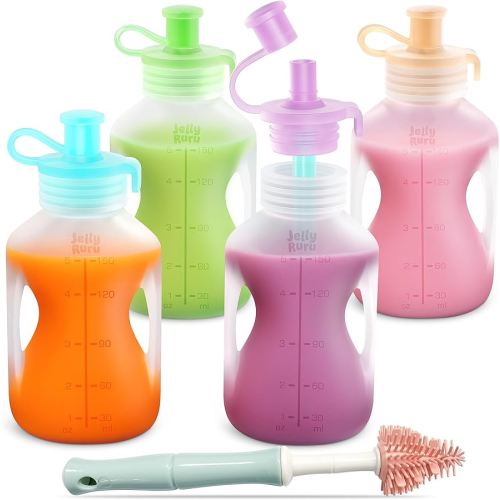 Silicone Reusable Baby Food Pouches with Straws, 4 Pack Leakproof Refillable Squeeze Pouches, Dishwasher, Freezer, Microwave Safe, 5OZ Baby Food Storage for Homemade Puree, Yogurt