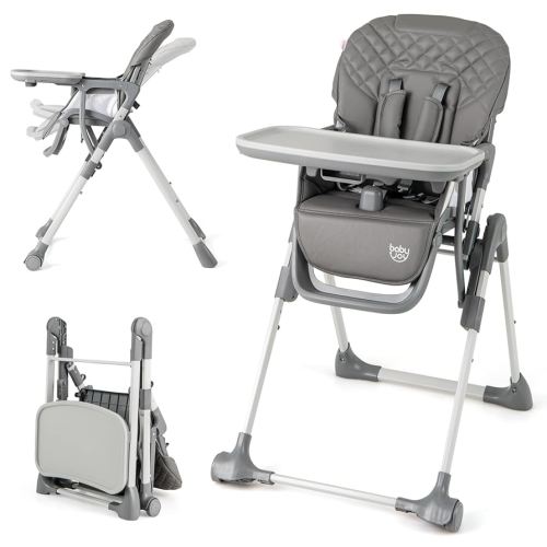 BABY JOY Foldable High Chair for Babies and Toddlers, Portable Adjustable Highchair with Footrest, Detachable Tray, Easy to Clean PU Seat Cushion, 5-Point Safety Belt and Built-in Wheels (Gray)