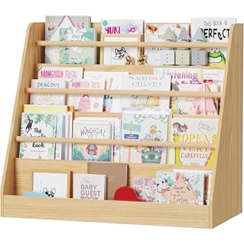 Lkeiyay Kids Bookshelf,Kids Wooden 4 Tier Book Display Shelf,Montessori Bookcase Kid Room, Toddler Bookshelf for Nursery Classroom (Natural)