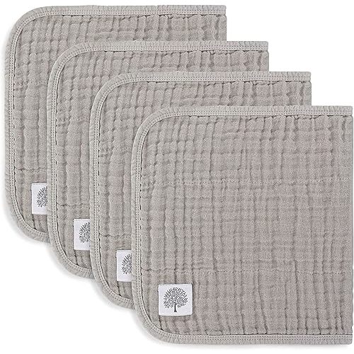 Parker Baby Muslin Burp Cloths | 100% Cotton Burping Clothes, Newborn Essential | Must-Have Baby Registry, Modern and Trendy Colors | 20"x11" Unisex Large Baby Burp Cloths, 4-Pack Gray Set