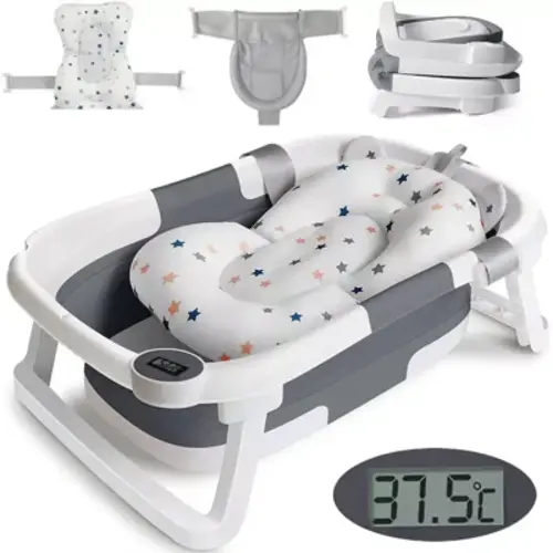 TOPCHANCES Collapsible Baby Bathtub with Thermometer, Newborn Baby Shower Tub with Baby Tub Cushion & Bath Net, Portable Baby Folding Bathtub for 0-36 Month Newborn, Grey