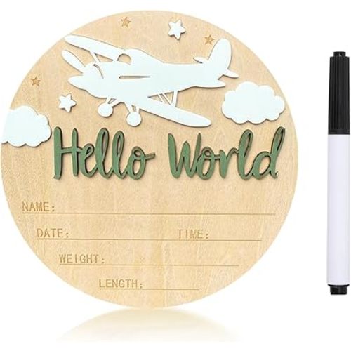Baby Announcement Sign, 5.9 Inch Wooden Hello World Newborn Sign,Welcome Baby Signs,Birth Announcement Signs,Newborn Name Personalized for Photo Prop Vintage Airplane Design Hospital Nursery (White,Forest Green)
