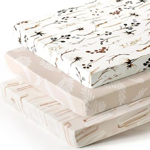 Stretchy Ultra Soft Jersey Knit Fitted Pack and Play Sheets 3 Pack, Portable/Mini Crib Sheets Safe and Snug Fitted for Boys and Girls, Stylish Pretty Flora for Baby, Beige