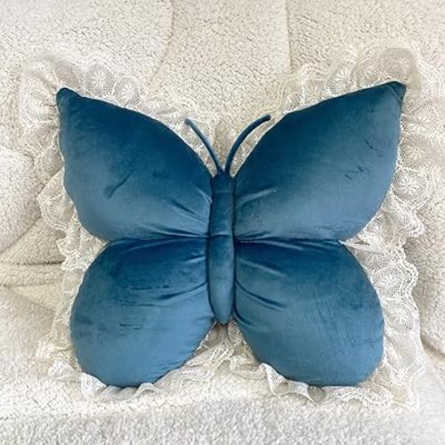 Butterfly Throw Pillow,21.6 inch Velvet Butterfly Decorative Pillow with Lace Trim,Animal Pillow for Couch Living Room Bed,Home Garden Decor (Blue)