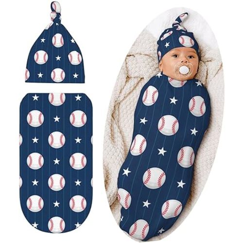 Cute Baseball Print Baby Stuff Swaddle Blanket Hat Set for Boys Girls, Soft Newborn Sleeping Sack Receiving Blanket Shower Gift