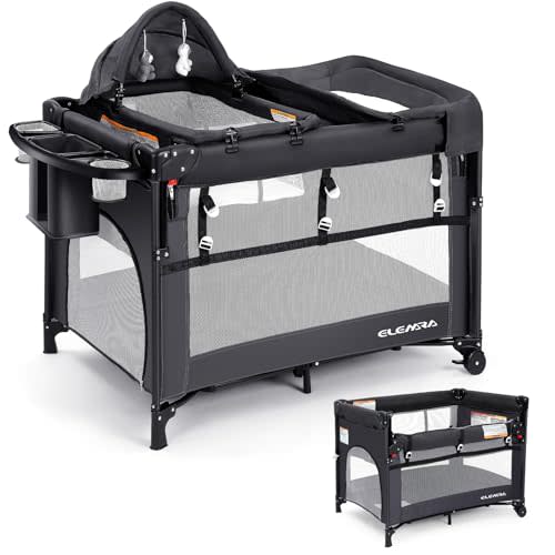 ELEMARA 5 in 1 Pack n Play,Baby Bedside Bassinet Sleeper with 4 Adjustable Height,1-Step Opening Foldable Nursery-Center Baby Playpen,Changing Table,Ziper Door/Baby Crib,Travel Carry Bag,Gray