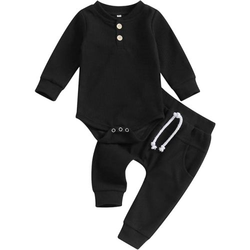 Kuriozud Newborn Baby Boy Clothes Button Long Sleeve Romper Bodysuit Pants Set Infant Soft Waffle Fall Winter Outfit