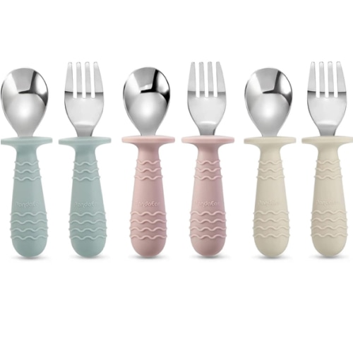 PandaEar 6 Pieces Baby Toddler Silicone Stainless Steel Utensils Silverware Spoon Fork for Baby Toddler BPA Free with Silicone Holding Anti-Choke Design (Blue Pink White)