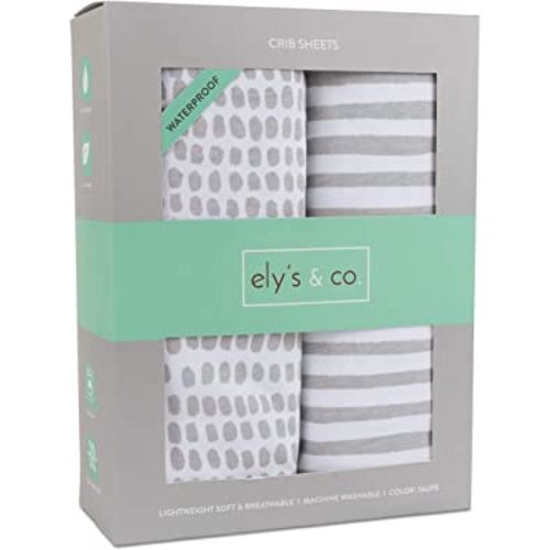 Ely's & Co. Patent Pending Waterproof Crib Sheet | Toddler Sheet no Need for Crib Mattress Pad Cover or Protector I Taupe Splash and Stripes