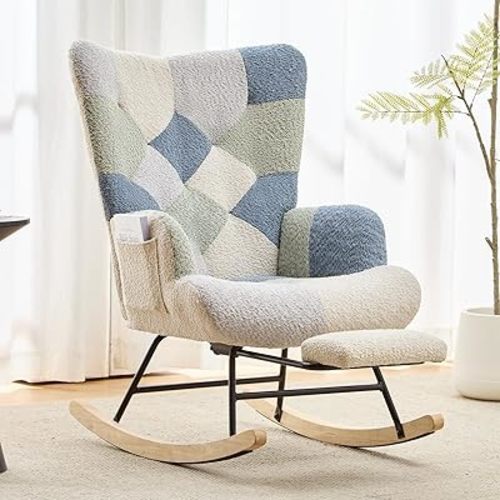 Nursery Rocking Chair Teddy Upholstered Glider Rocker with Footrest Accent Chair with High Backrest Armchair Comfy Side Pocket Chair for Living Room, Bedroom, Offices (Large Spliced Blue)