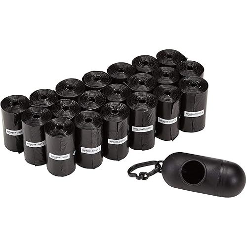 Amazon Basics Dog Poop Leak Proof Bags With Dispenser and Leash Clip, Unscented, 300 Count, 20 Pack of 15, Black, 13 Inch x 9 Inch