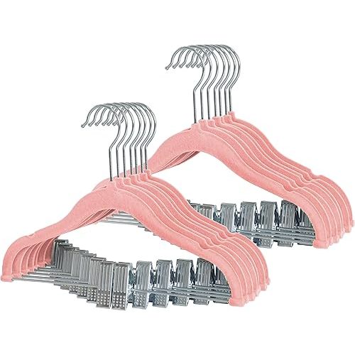 Finnhomy Non-Slip Clothes Hangers for Baby and Kids 20-Pack Velvet Hangers with Movable Clips, Heavy-Duty and Space-Saving for Pants,Skirts, Coat, Pink