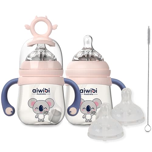 AIWIBI PPSU Anti-Colic Baby Bottles for Breastfeeding Babies, 6 oz (2 pk), Weighted Straw Baby Bottles, Easy to Hold Handles, Medium Flow Nipple, 6+ Months, Easy to Clean (Blue)