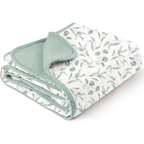 Konssy Muslin Baby Blankets for Girls Boys, 100% Cotton Crib Blanket for Infant Toddler, Super Soft and Lightweight Nursery Swaddling Wrap 40"x36" (Green Leaves)