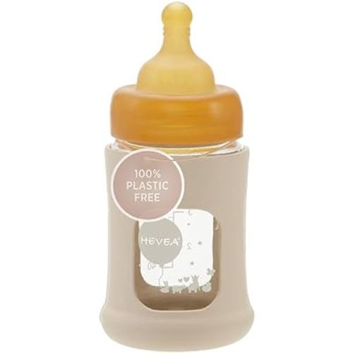 HEVEA Plastic-Free Wide Neck Glass Baby Bottle with Sand Sleeve - Slow Flow Anti Colic Baby Bottles Newborn 0+ Months - BPA-Free, Single-Pack (5 Oz)