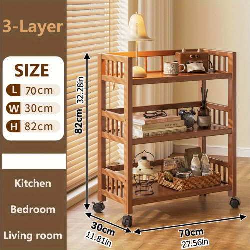 3-Tier Bamboo Rolling Utility Cart with Wheels – Space-Saving Storage Organizer with Drawers & Open Shelves for Kitchen, Bathroom, Living Room