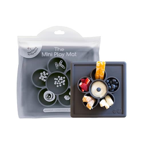 ezpz Mini Play Mat for Baby + Toddler - 6 months+ (Slate) - Suction Plate with Flower Compartments for Crafts, Painting, Sorting, Snack Time - Promotes Pincer Grip