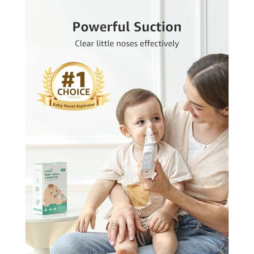 GROWNSY Nasal Aspirator for Baby, Electric Nose Aspirator for Toddler, Baby Nose Sucker, Automatic Nose Cleaner with 3 Silicone Tips, Adjustable Suction Level, Music and Light Soothing Function - Grey