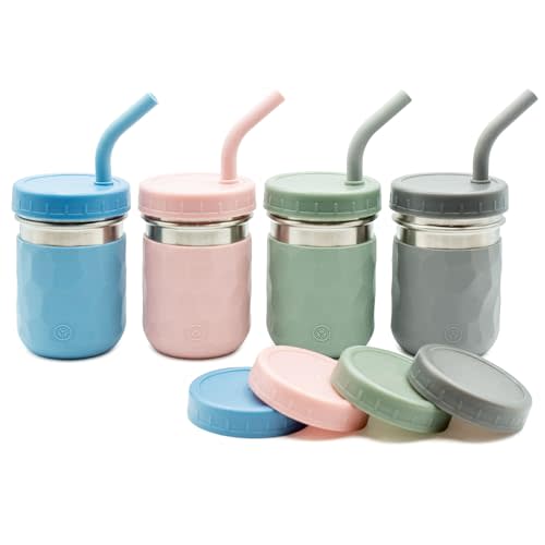 WeeSprout 2-in-1 Drinking Cups for Kids, Durable Stainless Steel Tumbler for Smoothies, Silicone Straws with Stoppers, Premium Plastic Twist Lids, Easy-Grip Sleeves, Set of 4 Dishwasher Safe Kid Cups