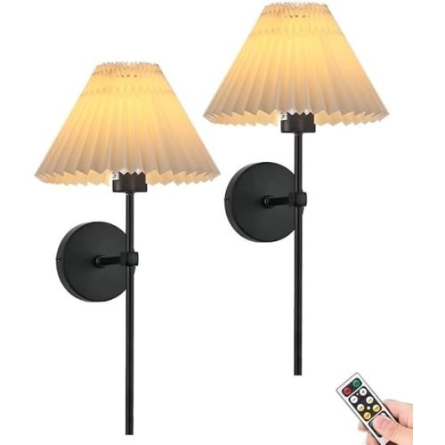 Battery Operated Wall Sconces Set of Two,Rechargeable Wall Lights with Timer,Indoor Non Hardwired Wall Lamp Light Fixtures Black with White Fabric Shade for Bedroom Living Room Bathroom