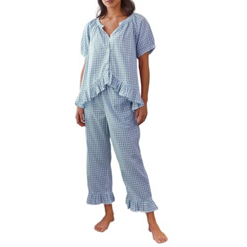 Argeousgor Women Plaid 2 Piece Pajama Set Button Down Puff Sleeve Babydoll Shirt Gingham Pants Pj Lounge Set Sleepwear