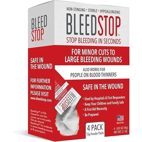 BleedStop™ First Aid Powder for Blood Clotting, Trauma Kit, Blood Thinner Patients, Camping Safety, and Survival Equipment for Moderate to Severe Bleeding Wounds or Nosebleeds - 4 (15g) Pouches