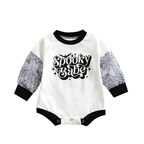 Karuedoo Halloween Baby Boy Girl Clothes Pumpkin Romper Sweatshirt Romper Crewneck Oversized Long Sleeve Bodysuit Outfit (White Black, 3-6 Months)