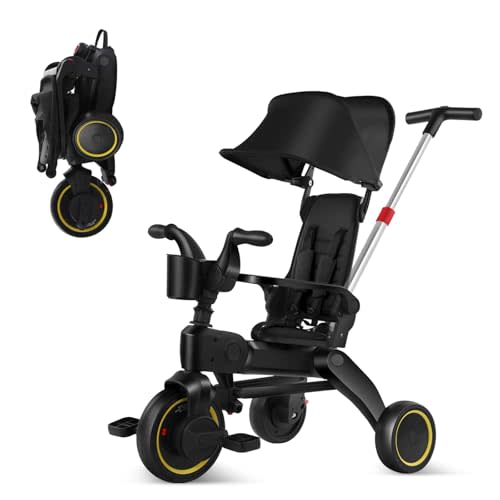 5-in-1 Compact, Foldable Tricycle - Suitable for Toddlers 10 to 36 Months Push Tricycle Bike for Toddlers with Removable Handle Seat Adjustable Canopy for Kids