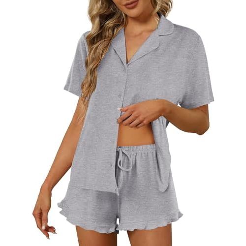 Ekouaer Pajamas Set for Women Short Sleeve Sleepwear Button Down Pjs Lounge Sets Soft Nightwear