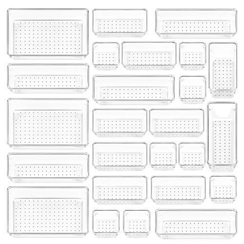 Vtopmart 25 PCS Clear Plastic Drawer Organizers Set, 4-Size Versatile Bathroom and Vanity Drawer Organizer Trays, Storage Bins for Makeup, Bedroom, Kitchen Gadgets Utensils and Office