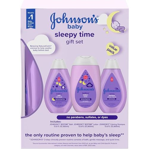 Johnson's Sleepy Time Bedtime Baby Gift Set with Relaxing NaturalCalm Aromas, Bedtime Baby Bath Shampoo, Wash & Lotion Essentials, Hypoallergenic & Paraben-Free, 4 Items
