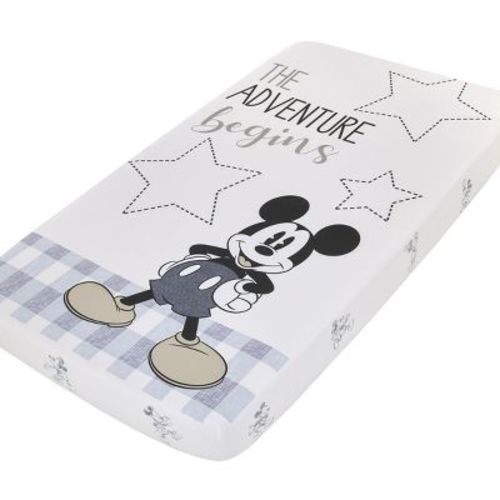 NoJo Disney Mickey Mouse Call Me Mickey White and Blue The Adventure Begins Stars and Gingham 100% Cotton Photo Op Nursery Fitted Crib Sheet