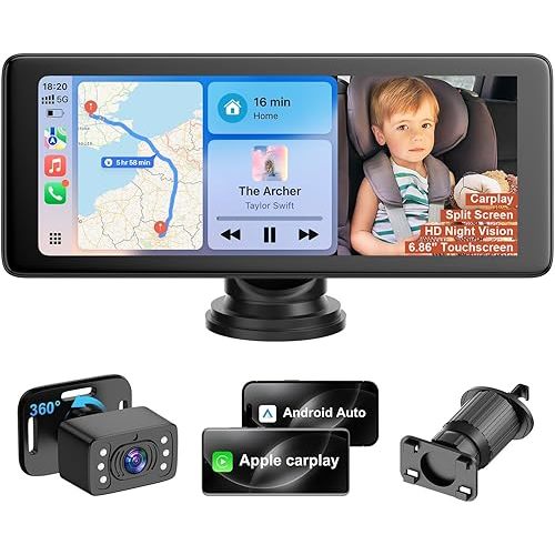 25HOURS YJ1 Carplay Screen with Baby Car Camera - 6.86" HD Car Baby Monitor Touchscreen with Apple CarPlay, 1080p Ultra IR Night Vision, 150° Wide Angle, Split Screen, 3X Zoom, GPS Navigation,FM,Siri