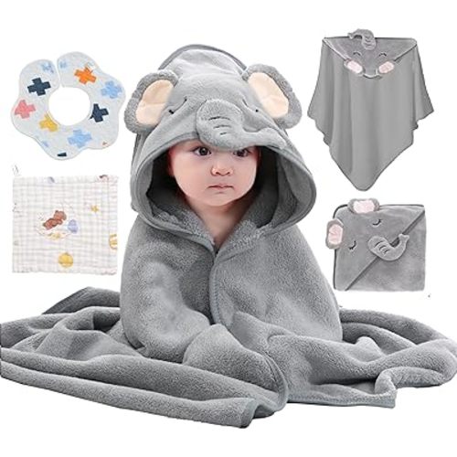 3-Piece Hooded Baby Towel Set - Super Soft Hooded Baby Bath Towels with Small Towel and Baby Bib for Infants, Newborns - Super Absorbent (Gray)