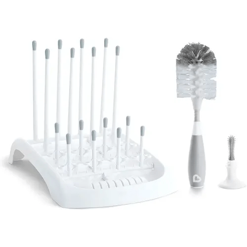 Munchkin Fold Baby Bottle Drying Rack and Bristle Bottle Brush Cleaning Essentials Set, White/Grey