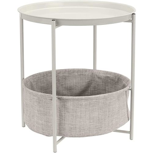 Amazon Basics Round Storage End Table, Side Table with Cloth Basket, White/Heather Gray, 17.7"L x 17.7"W x 18.9"H