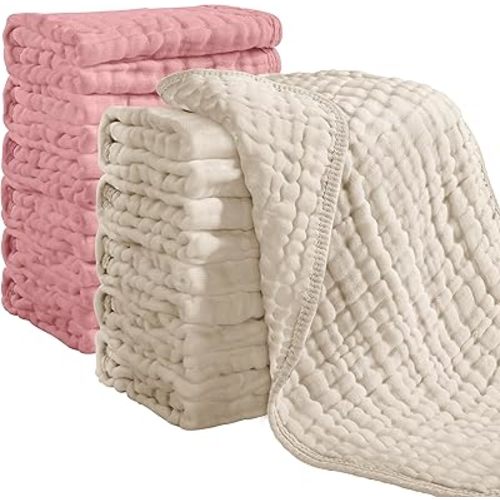 Looxii Muslin Burp Cloths 100% Cotton Muslin Cloths 12 Pack Large 20''x10'' Extra Soft and Absorbent Baby Burping Cloth for Boys and Girls (Apricot+Bean Red)