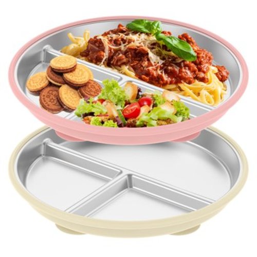 2 Pcs Stainless Steel Toddler Plate with Suction Divided Baby Plate with Nonslip Silicone Sleeves for Babies Kids Toddlers Beige and Blush