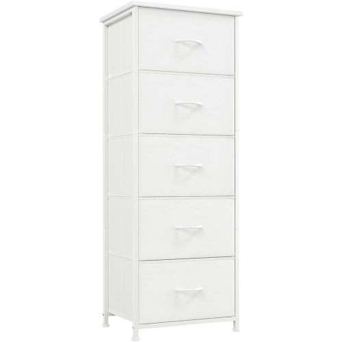 Somdot Tall Dresser for Bedroom with 5 Drawers, Storage Organizer Chest of Drawers with Removable Fabric Bins for Closet Bedside Nursery Laundry Living Room Entryway Hallway, White Leather