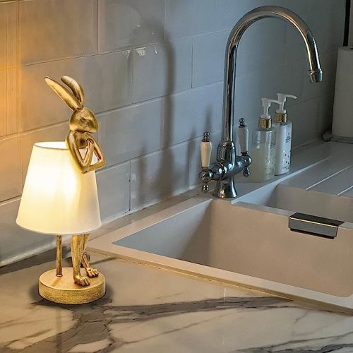 Bunny Table Lamp Lighting, Gold Cute Rabbit Vintage Lamp Retro, Creative Gold Decor Night Light for Bedroom,Nightstand Unique Lamp - 15.7in White Shade