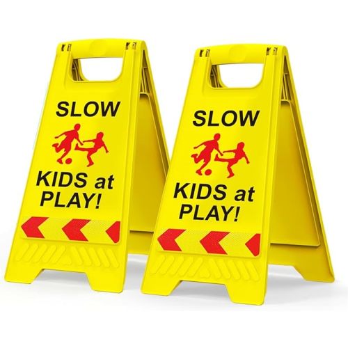 2 Pack Kids at Play Safety Signs for Street, Children at Play Safety Signs with Reflective Tape 17.5" Height Double-Sided Easier to Identify, Slow Down Kids at Play Sign for Street Neighborhoods Community(Yellow)