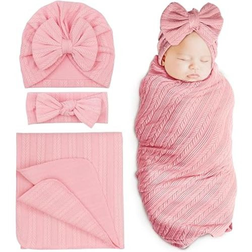 DRESHOW BQUBO Newborn Receiving Blanket Toddler Warm for Girls with Bow Hat and Bow Headband Shower Gift